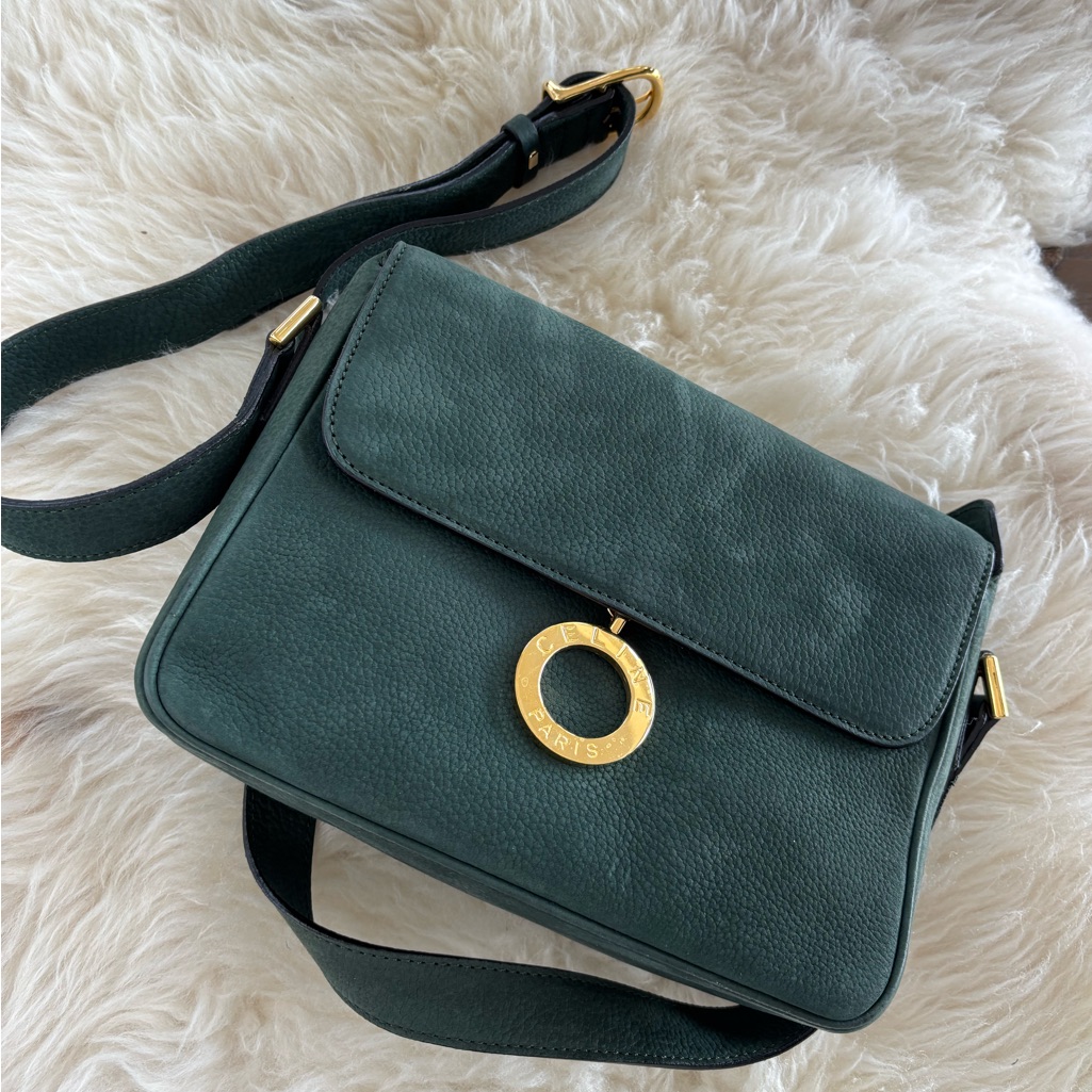Celine Dark Green Crossbody Bag With Gold Accents